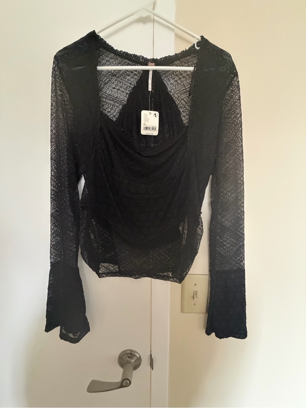 Free People Black Lace Sheer Cowl-Neck Long Sleeve Top